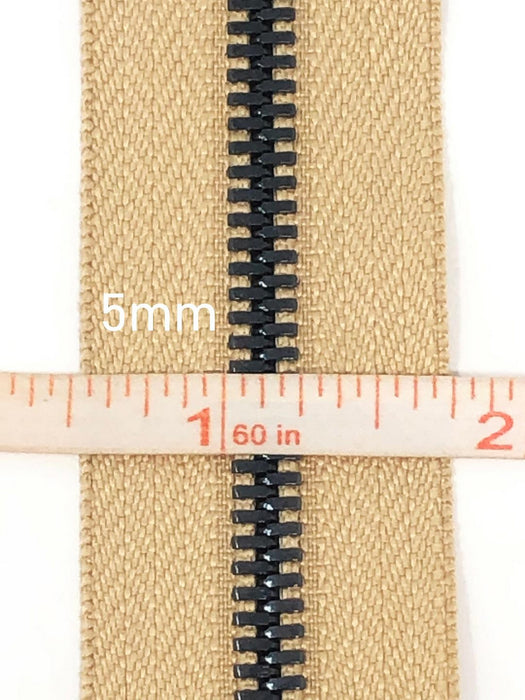 Glossy 5MM or 8MM One-Way Separating Open Bottom Zipper, Beige/Gun Metal | 4 Inch to 28 Inch Length