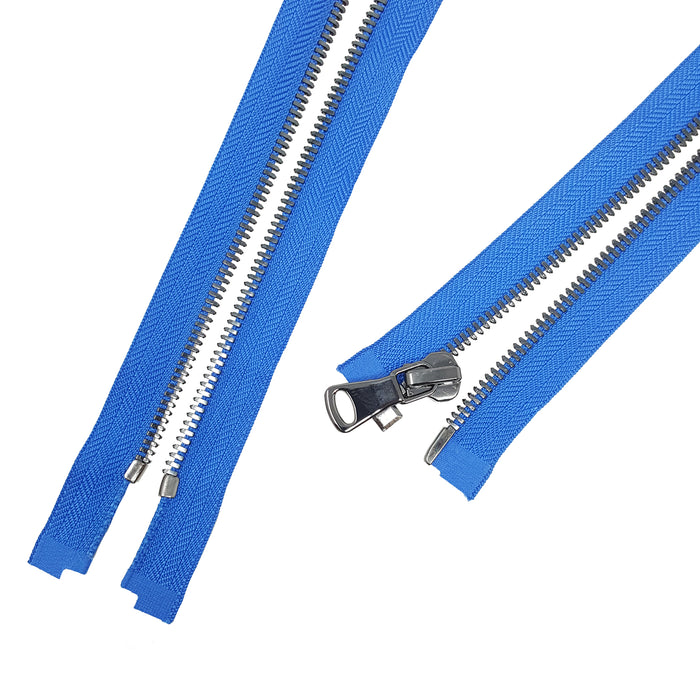 Glossy 5MM or 8MM One-Way Separating Open Bottom Zipper, Blue/Gun Metal | 4 Inch to 28 Inch Length