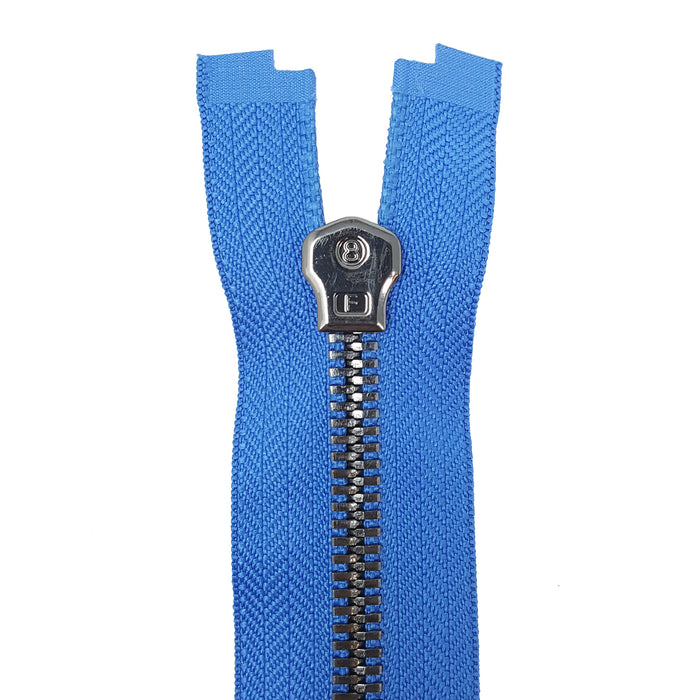 Glossy 5MM or 8MM One-Way Separating Open Bottom Zipper, Blue/Gun Metal | 4 Inch to 28 Inch Length
