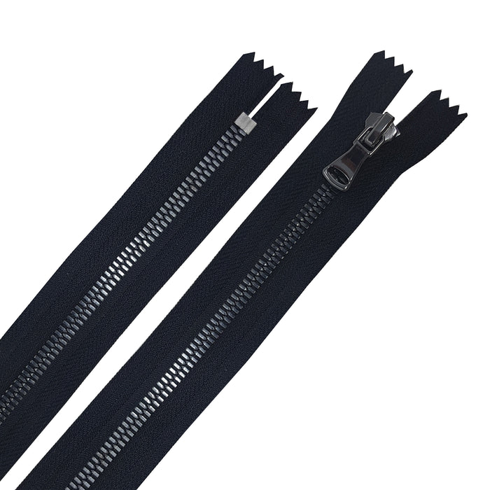 Glossy Jacket Zipper Set in 5MM or 8MM Metal Teeth, One 18" to 28" Open Bottom and Two 7" Pocket Closed Bottom Zippers, Black/Gun Metal