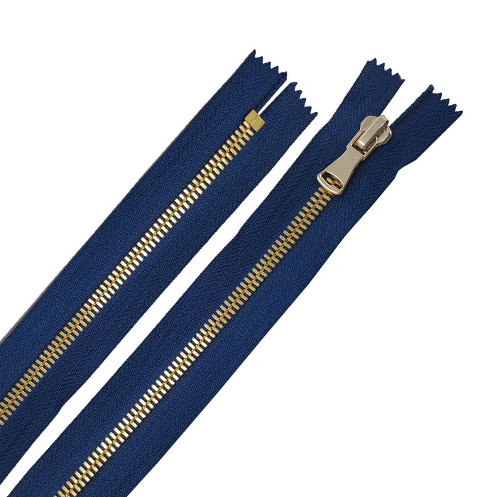 Glossy 5MM or 8MM One-Way Non-Separating Closed Bottom Zipper, Navy/Brass | 5 Inch to 27 Inch Length