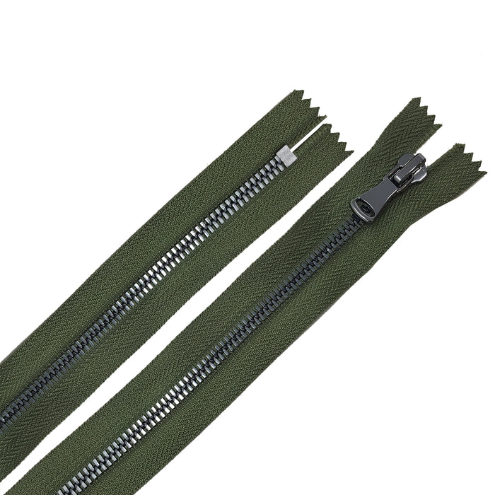 Glossy 5MM or 8MM One-Way Non-Separating Closed Bottom Zipper, Olive/Gun Metal | 5 Inch to 27 Inch Length