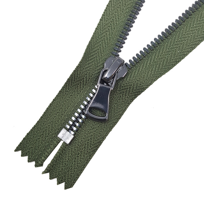 Glossy 5MM or 8MM One-Way Non-Separating Closed Bottom Zipper, Olive/Gun Metal | 5 Inch to 27 Inch Length