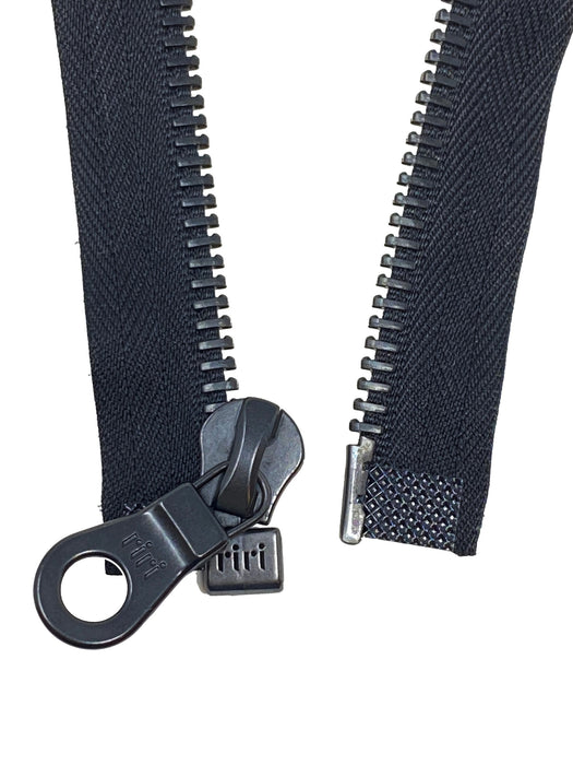 riri 8MM Teeth One-Way Separating Open Bottom Zipper with KTA Pull, Black/Black | 10 Inch to 27.5 Inch
