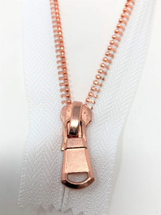 White Glossy Pocket Zipper Rose Gold Teeth 5MM in 5.5 inches Closed Non Separating - ZipUpZipper