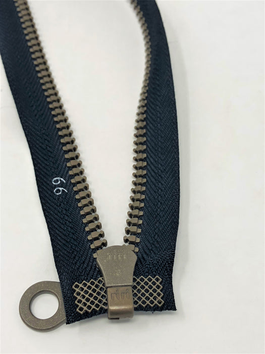 Black Riri Zipper 25.5 Inches Plastic Molded 3 Brown Teeth Separating Open Bottom - ZipUpZipper