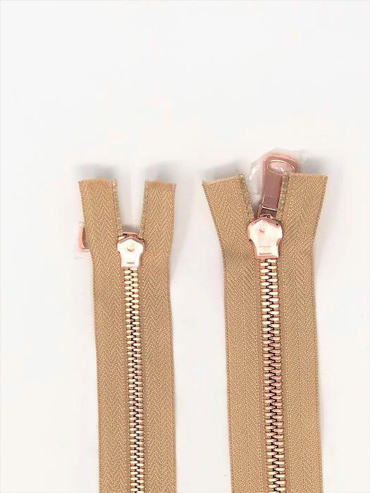 Wholesale Beige Glossy Rose Gold Two-Way Separating Zipper in 5MM or 8MM Open Bottom - Choose Length - - ZipUpZipper