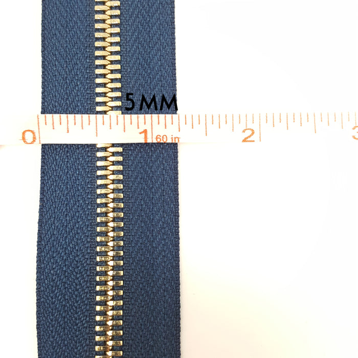 Glossy 5MM or 8MM One-Way Separating Open Bottom Zipper, Navy/Gold | 4 Inch to 28 Inch Length