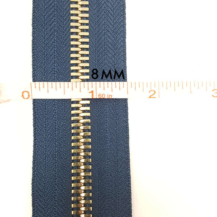 Glossy 5MM or 8MM One-Way Separating Open Bottom Zipper, Navy/Gold | 4 Inch to 28 Inch Length