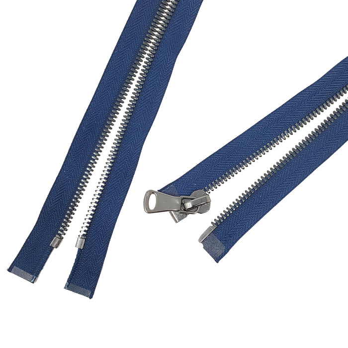 Glossy 5MM or 8MM One-Way Separating Open Bottom Zipper, Navy Blue/Gun Metal | 4 Inch to 28 Inch Length