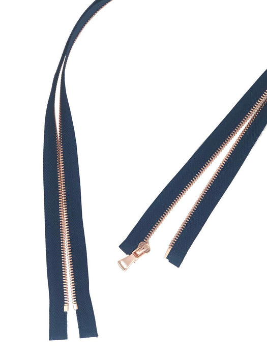 Glossy 5MM One-Way Separating Open Bottom Zipper, Navy/Rose Gold | 4 Inch to 28 Inch Length