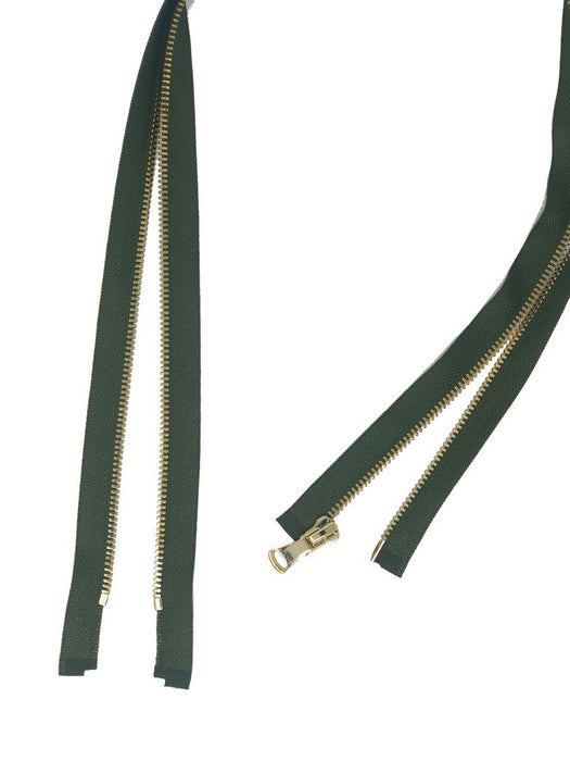 Glossy 5MM One-Way Separating Open Bottom Zipper, Olive Green/Gold | 4 Inch to 28 Inch Length