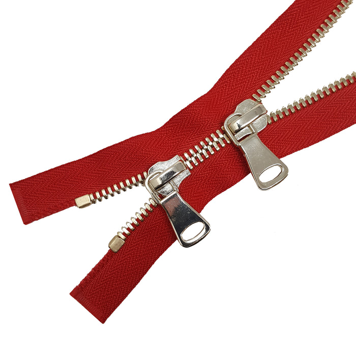 Glossy 5MM or 8MM Two-Way Separating Open Bottom Zipper, Red/Brass | 11.5 Inch to 36 Inch