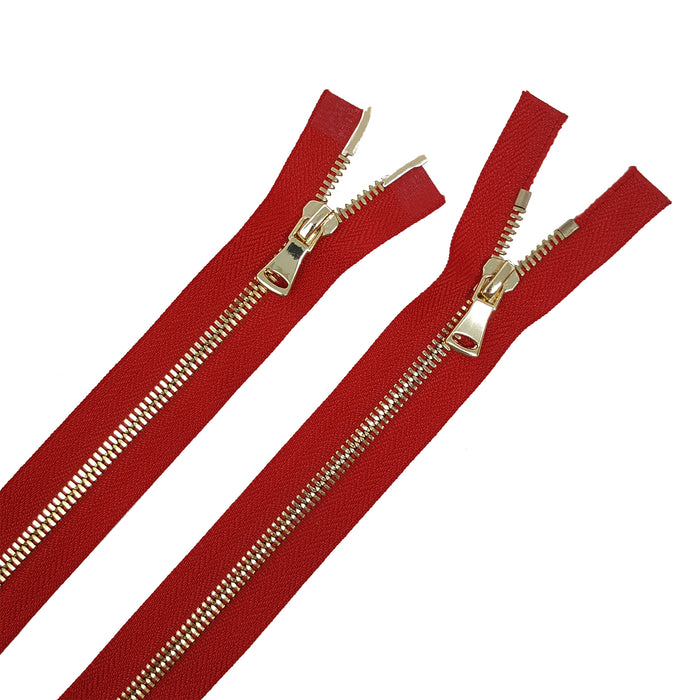 Glossy 5MM or 8MM Two-Way Separating Open Bottom Zipper, Red/Brass | 11.5 Inch to 36 Inch