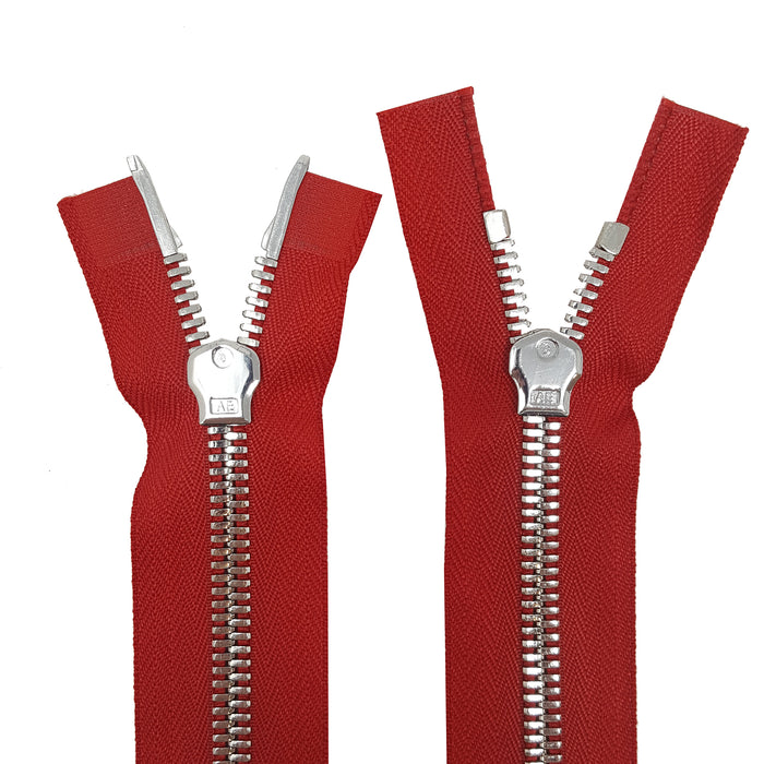Glossy 5MM or 8MM Two-Way Separating Open Bottom Zipper, Red/Nickel | 11.5 Inch to 36 Inch