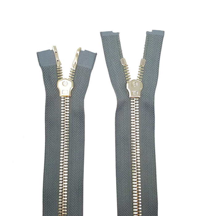 Zip-Up Glossy 8MM Teeth Two-Way Separating Open Bottom Zipper, Gray Tape Brass Teeth - Choose Length