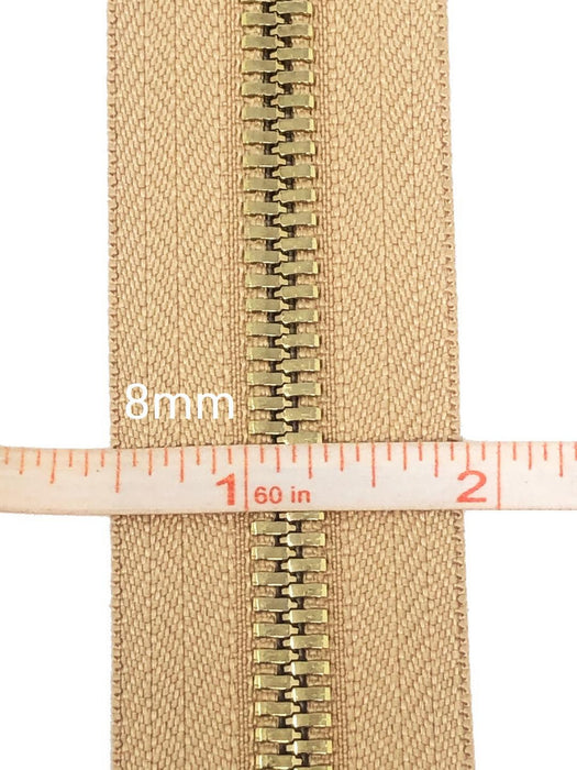 Glossy 8MM One-Way Separating Open Bottom Zipper, Beige/Brass | 4 Inch to 28 Inch Length