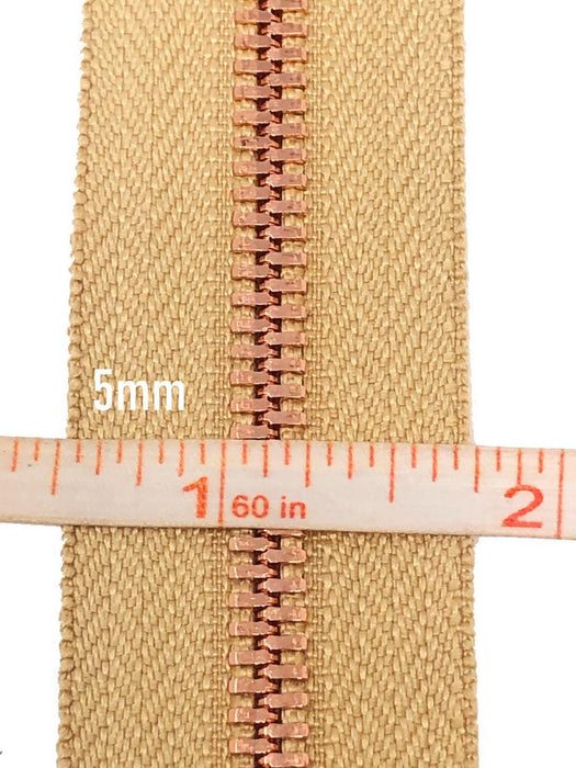 Glossy 5MM or 8MM One-Way Separating Open Bottom Zipper, Beige/Rose Gold | 4 Inch to 28 Inch Length