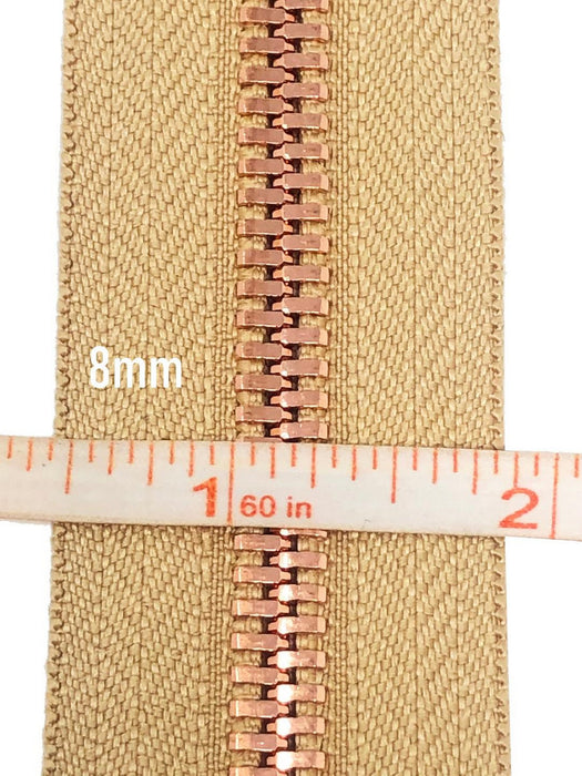 Glossy 5MM or 8MM One-Way Separating Open Bottom Zipper, Beige/Rose Gold | 4 Inch to 28 Inch Length