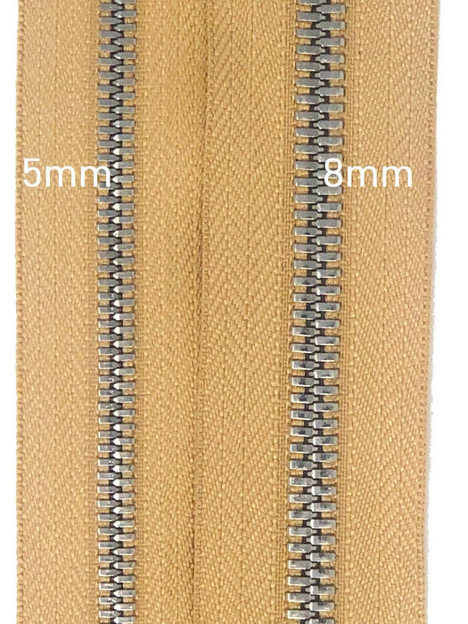 Glossy 5MM or 8MM One-Way Separating Open Bottom Zipper, Beige/Silver | 4 Inch to 28 Inch Length