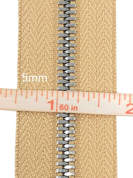 Glossy 5MM or 8MM One-Way Separating Open Bottom Zipper, Beige/Silver | 4 Inch to 28 Inch Length
