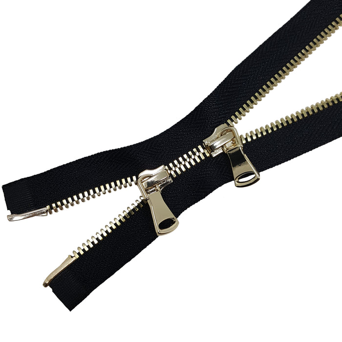 Glossy 5MM or 8MM Two-Way Separating Open Bottom Zipper, Black/Brass | 4 Inch to 36 Inch