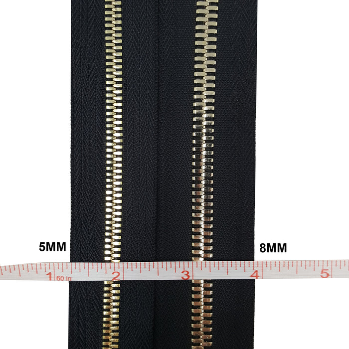 Glossy 5MM or 8MM One-Way Non-Separating Closed Bottom Zipper, Black/Brass | 5 Inch to 27 Inch Length