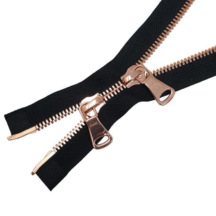 Glossy 8MM Two-Way Separating Open Bottom Zipper, Black/Rose Gold | 4 Inch to 36 Inch Length