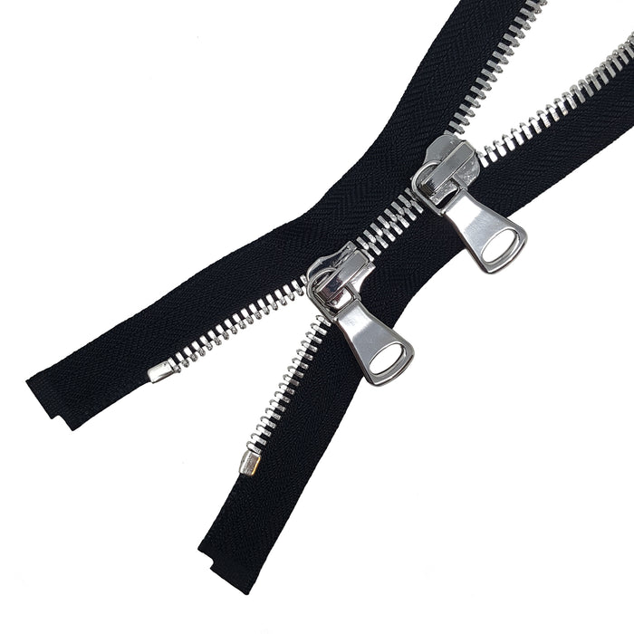 Glossy 8MM Two-Way Separating Open Bottom Zipper, Black/Silver | 4 Inch to 36 Inch Length