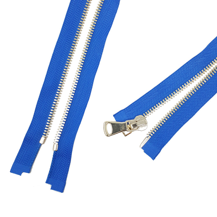 Glossy 5MM or 8MM One-Way Separating Open Bottom Zipper, Blue/Brass | 4 Inch to 28 Inch Length