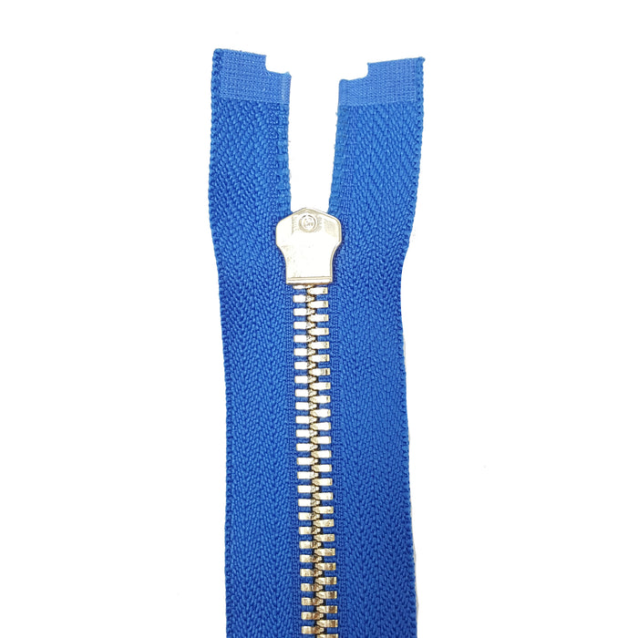Glossy 5MM or 8MM One-Way Separating Open Bottom Zipper, Blue/Brass | 4 Inch to 28 Inch Length