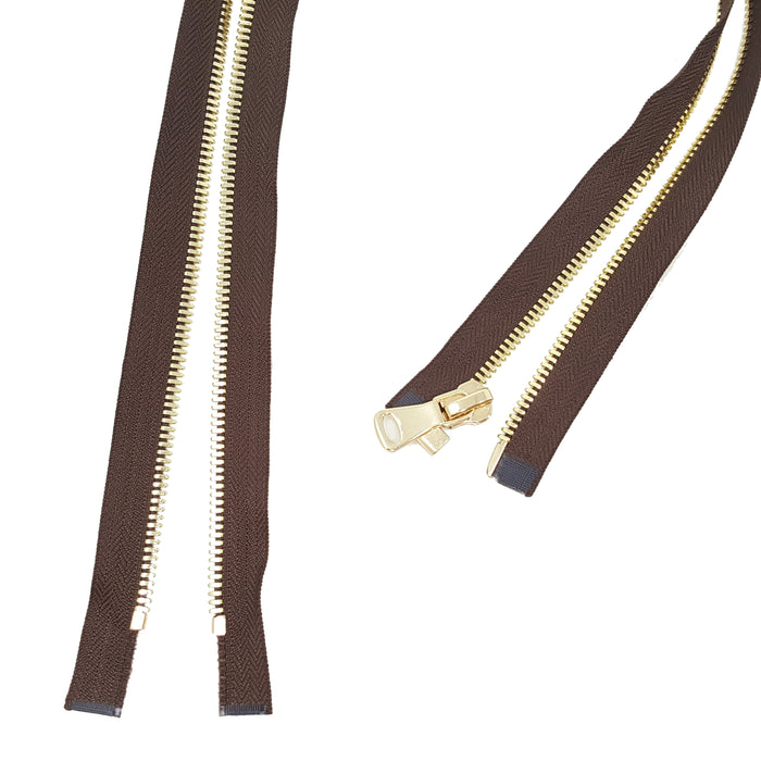 Glossy 8MM One-Way Separating Open Bottom Zipper, Brown/Brass 4 Inch to 28 Inch Length