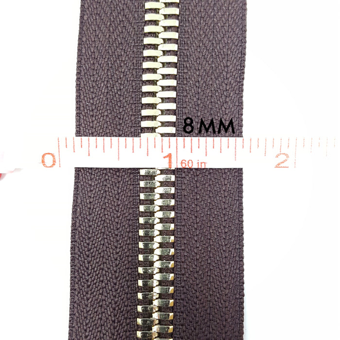 Glossy 8MM One-Way Separating Open Bottom Zipper, Brown/Brass 4 Inch to 28 Inch Length