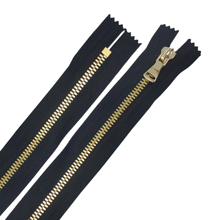 Glossy 5MM or 8MM One-Way Non-Separating Closed Bottom Zipper, Black/Brass | 5 Inch to 27 Inch Length