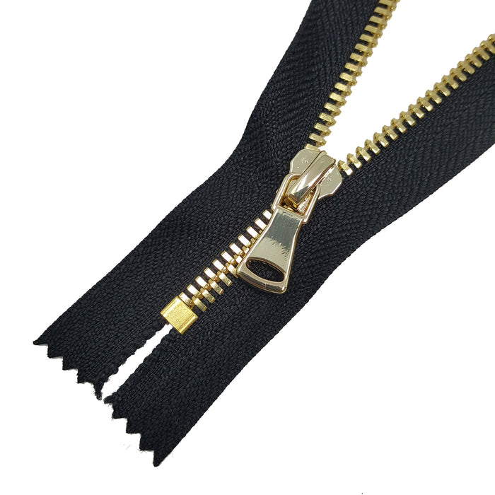 Glossy Jacket Zipper Set in 5MM or 8MM Metal Teeth, One 18" to 28" Open Bottom and Two 7" Pocket Closed Bottom Zippers, Black/Brass