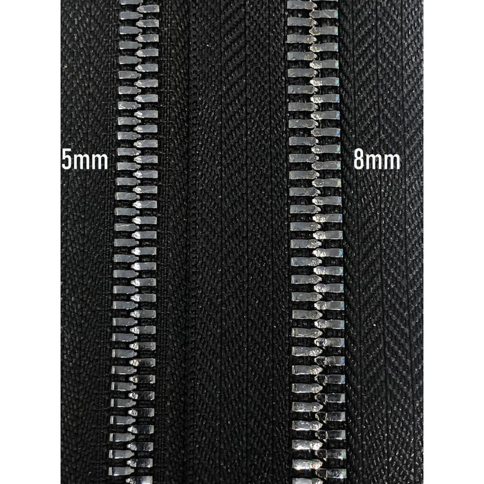 Glossy 5MM or 8MM One-Way Non-Separating Closed Bottom Zipper, Black/Gun Metal | 5 Inch to 27 Inch Length