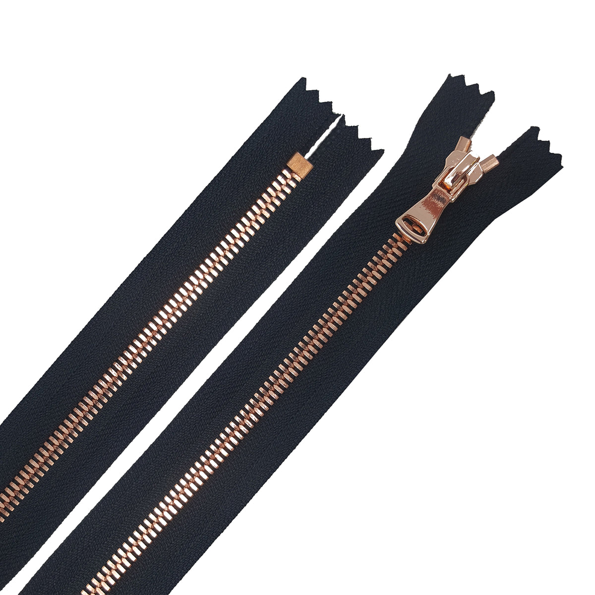 Glossy 5MM or 8MM One-Way Non-Separating Closed Bottom Zipper, Black/Rose  Gold | 5 Inch to 27 Inch Length