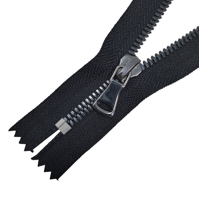 Glossy 5MM or 8MM One-Way Non-Separating Closed Bottom Zipper, Black/Gun Metal | 5 Inch to 27 Inch Length