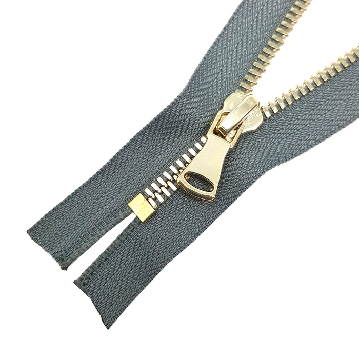 Glossy 5MM or 8MM One-Way Non-Separating Closed Bottom Zipper, Gray/Brass | 5 Inch to 27 Inch Length
