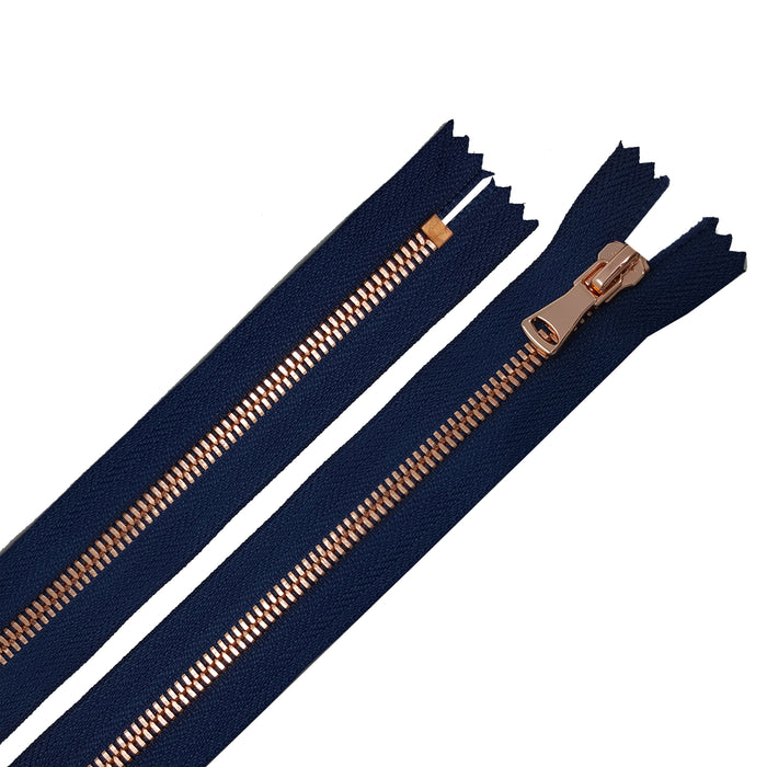 Glossy 5MM One-Way Non-Separating Closed Bottom Zipper, Navy/Rose Gold | 5 Inch to 27 Inch Length