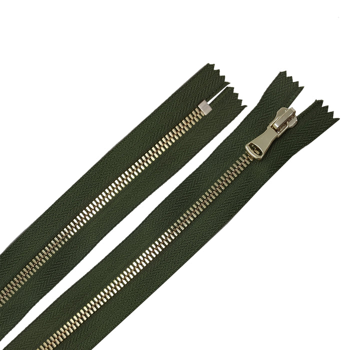 Glossy 5MM One-Way Non-Separating Closed Bottom Zipper, Olive/Brass | 5 Inch to 27 Inch Length