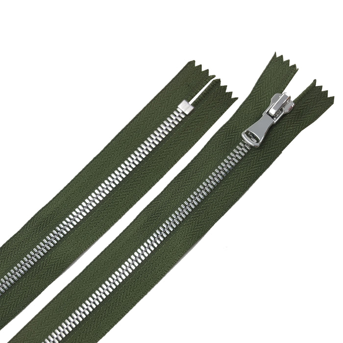 Glossy 5MM or 8MM One-Way Non-Separating Closed Bottom Zipper, Olive/Nickel | 5 Inch to 27 Inch Length