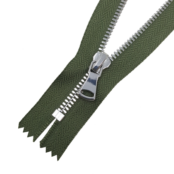 Glossy 5MM or 8MM One-Way Non-Separating Closed Bottom Zipper, Olive/Nickel | 5 Inch to 27 Inch Length