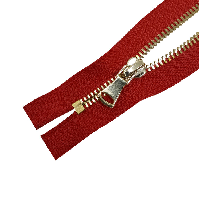 Glossy 5MM or 8MM One-Way Non-Separating Closed Bottom Zipper, Red/Brass | 5 Inch to 27 Inch Length