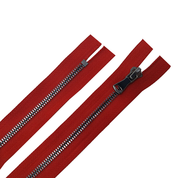 Glossy 5MM or 8MM One-Way Non-Separating Closed Bottom Zipper, Red/Gun Metal | 5 Inch to 27 Inch Length