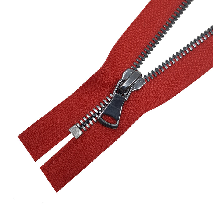 Glossy 5MM or 8MM One-Way Non-Separating Closed Bottom Zipper, Red/Gun Metal | 5 Inch to 27 Inch Length