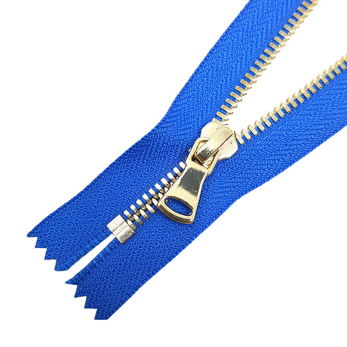Glossy Jacket Zipper Set in 5MM or 8MM Metal Teeth, One 18" to 28" Open Bottom and Two 7" Pocket Closed Bottom Zippers, Royal Blue/Brass