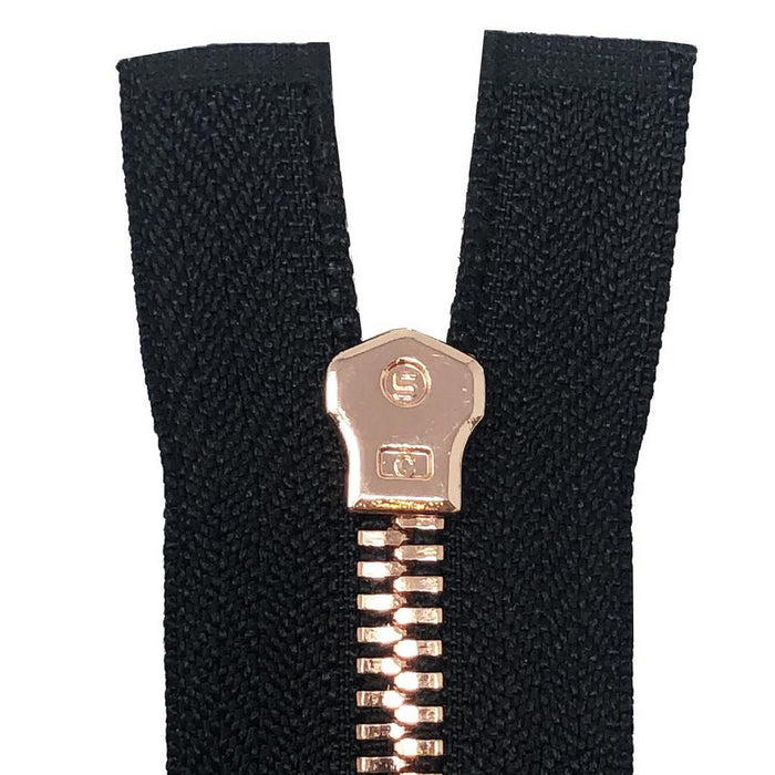Glossy Jacket Zipper Set in 5MM Metal Teeth, One 18" to 28" Open Bottom and Two 7" Pocket Closed Bottom Zippers, Black/Rose Gold