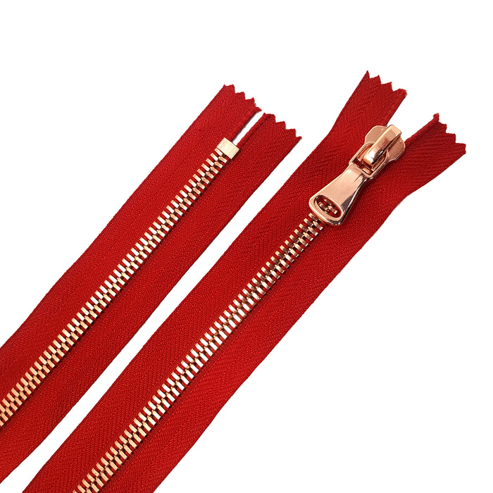 Glossy 8MM One-Way Non-Separating Closed Bottom Zipper, Red/Rose Gold | 5 Inch to 27 Inch Length