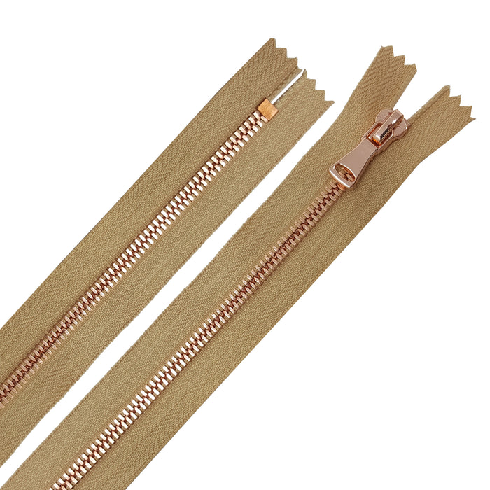 Glossy 5MM or 8MM One-Way Non-Separating Closed Bottom Zipper, Beige/Rose Gold | 5 Inch to 27 Inch Length